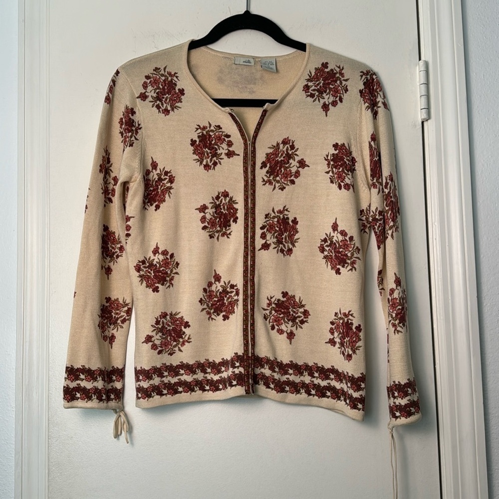 Anthropologie Odille Silk & Cotton Blend Ivory and Red Cardigan Size Medium